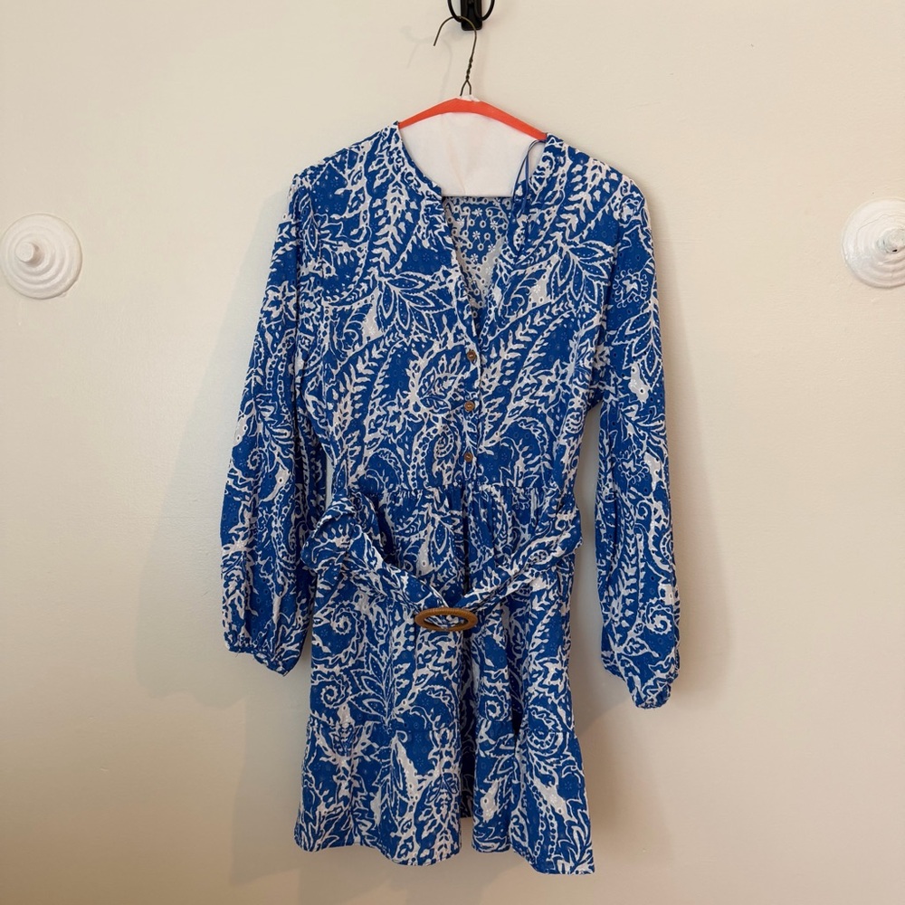 Zara Blue and White Printed Long Sleeve V-Neck Dress
